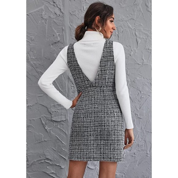 Black Plaid Tweed Sleeveless V-Neck A-Line Mini Pinafore Overalls Tank Dress - Picture 6 of 9